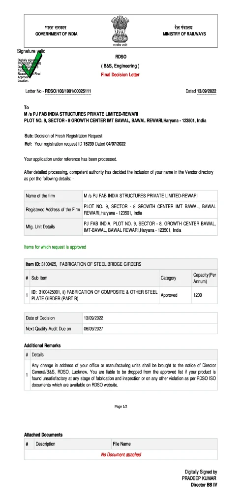 RDSO REGISTRATION CERTIFICATE